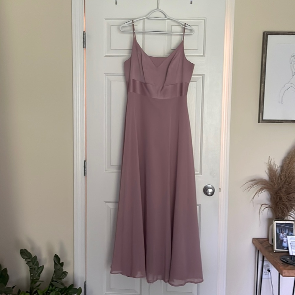Dusty rose bridesmaid dress, brand David’s Bridal.